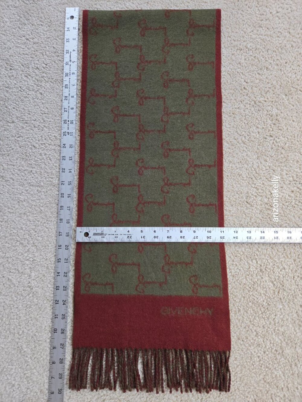 Vintage Givenchy Logo Scarf Cashmere Burgundy & Olive Green - Picture 4 of 8